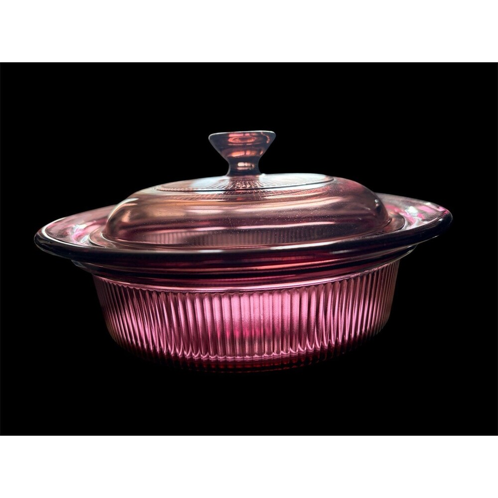 VTG Corning Ware Vision Casserole Dish Cranberry & Lid Fluted V-30-B Pyrex USA